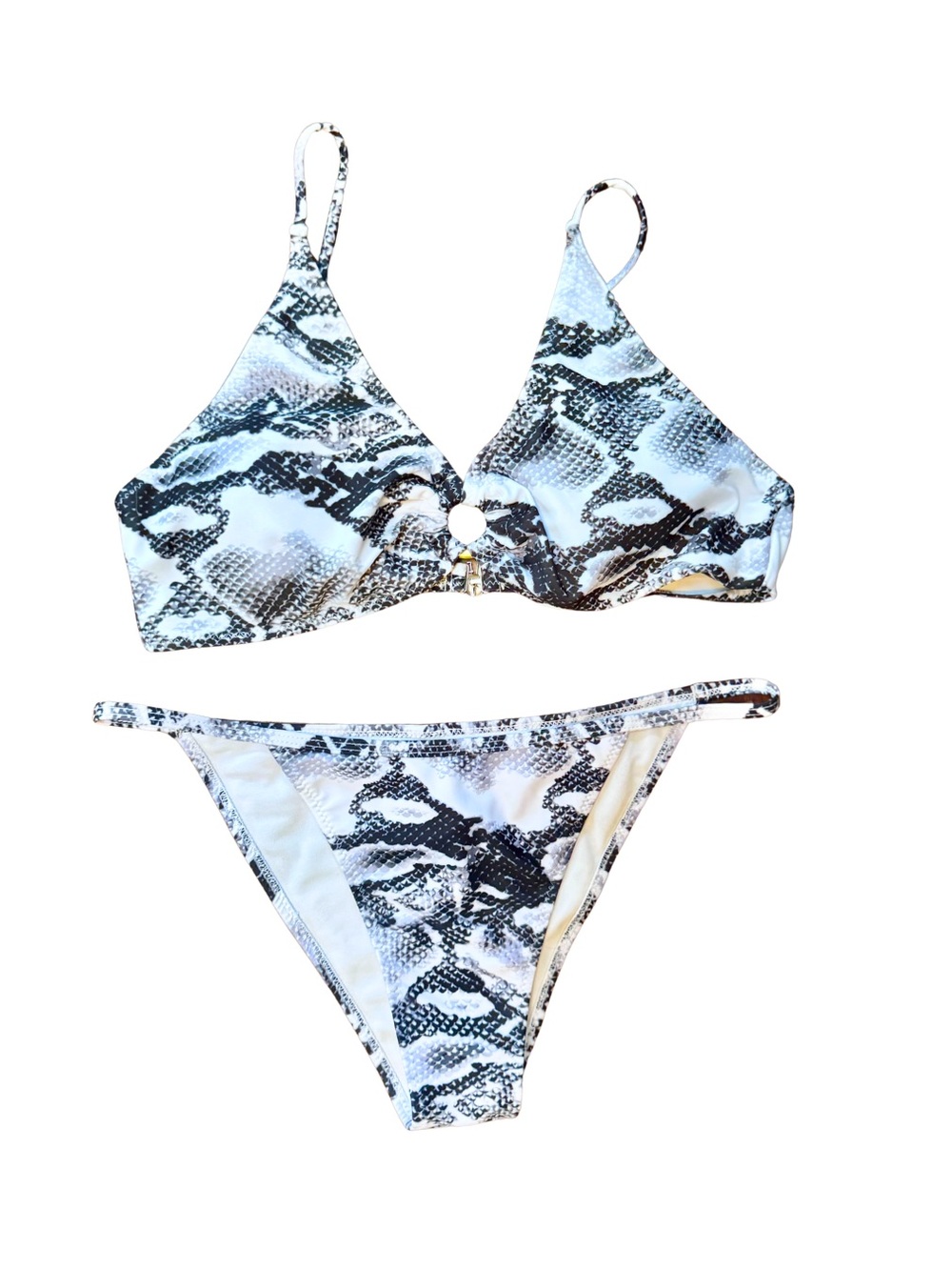 Snake Print Ring-Front Bikini Set - White/Black